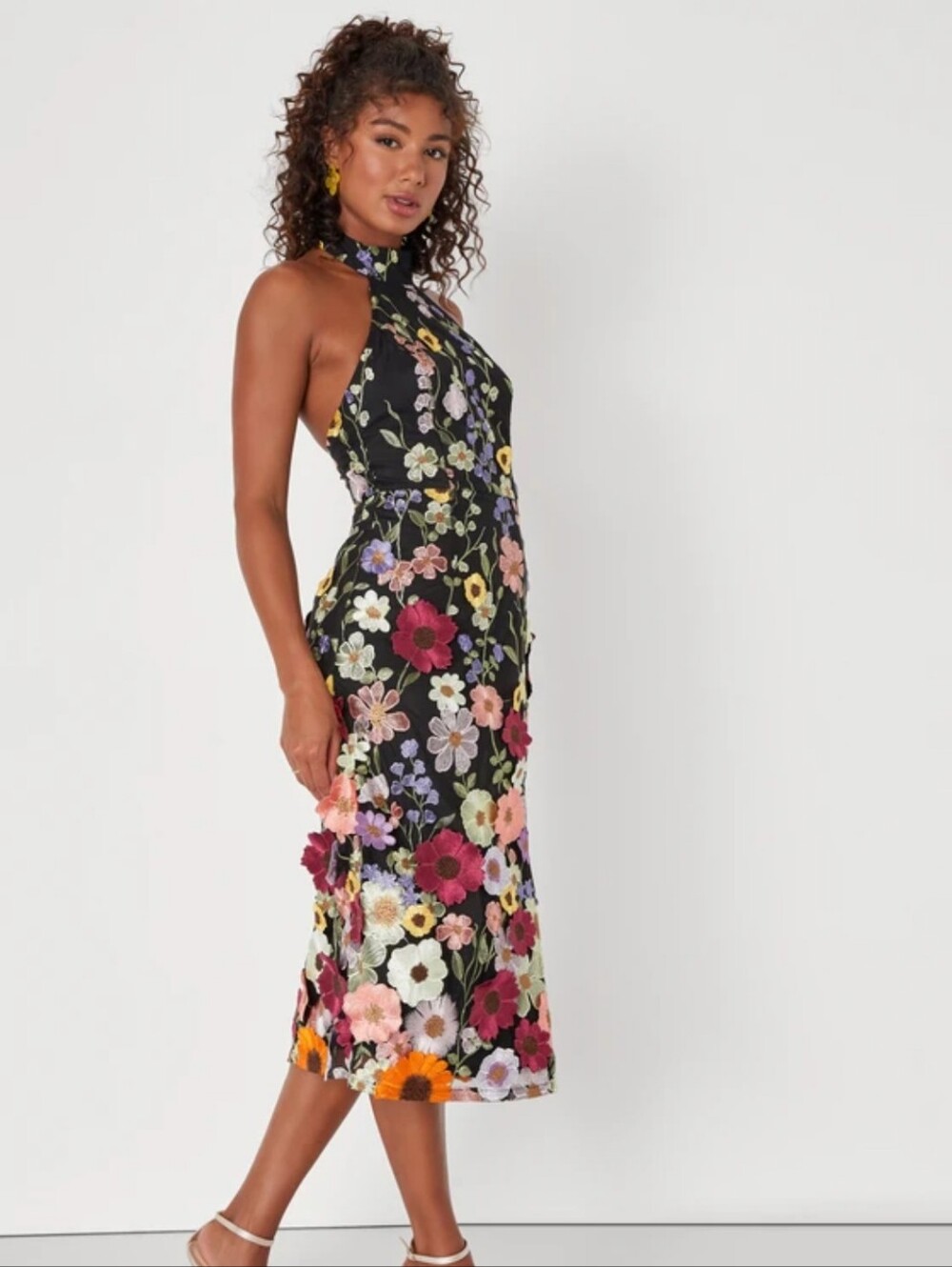 Floral Halter Midi Dress in Black with Multi-Color Blooms